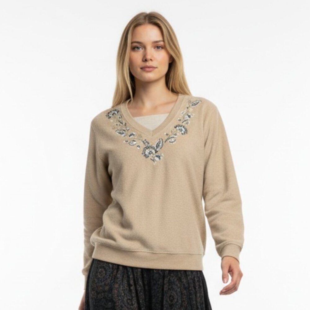 Vintage Tradition Country Collection Floral Embroidery Tan Fleece Top Size M